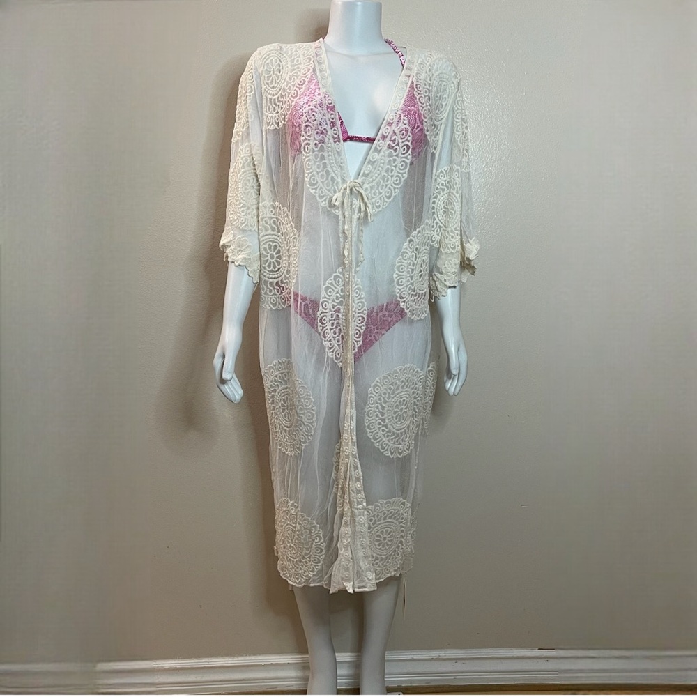 Cream embroidered mandala lace beach cover up kimono